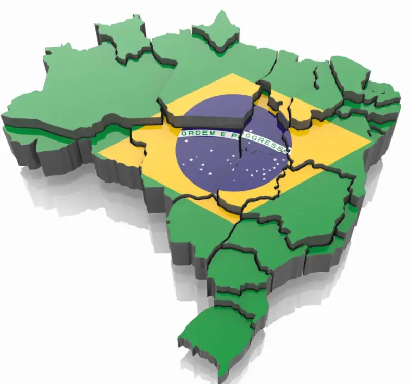 Mapa do Brasil em relevo, nas cores da bandeira, com a divisão dos estados